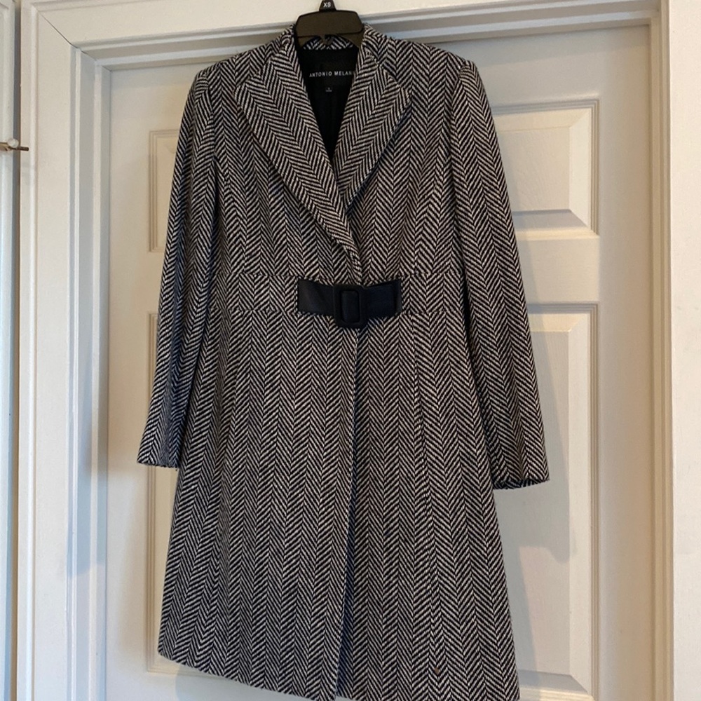 Antonio Melani wool herringbone coat in black and white. Built in belt. 4